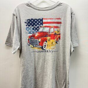 Crown & Ivy Men's Size XL T-Shirt Short Sleeve Crew Neck Truck/USA Flag Gray